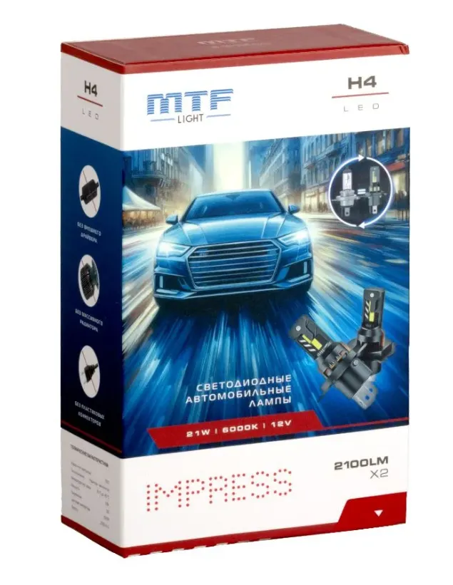 Лампа светодиодная MTF Light IMPRESS H4/H19 12V 6000K - фото